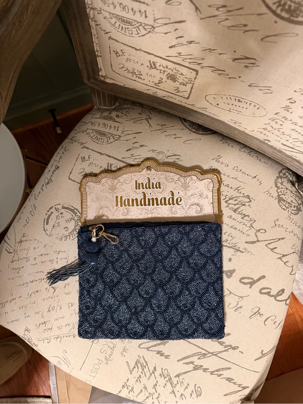 Handmade Beaded Navy Clutch with Tassel